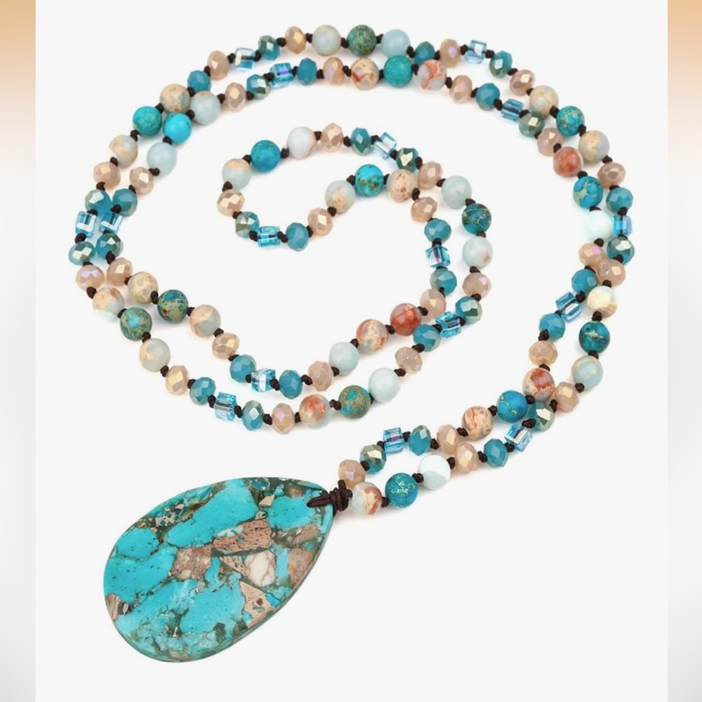 🆕 Boho Turquoise & Peach Beaded Pendant Necklace -